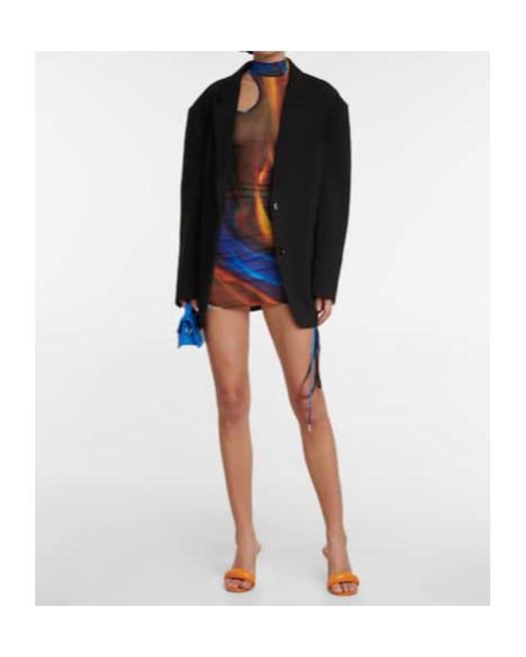 David Koma Blue One-Shoulder Printed Mesh Minidress
