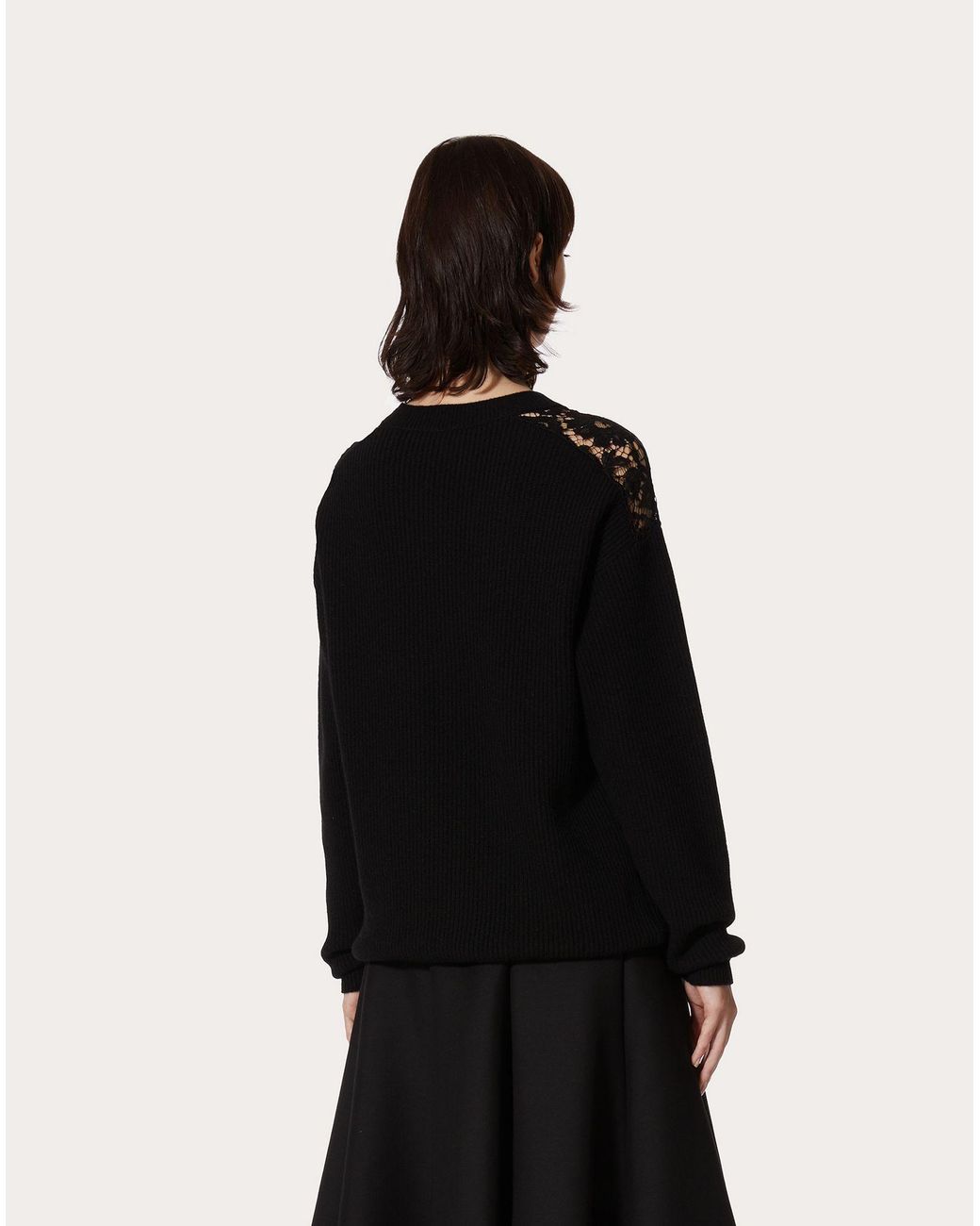 Valentino Black Lace-Embellished V-Neck Jumper