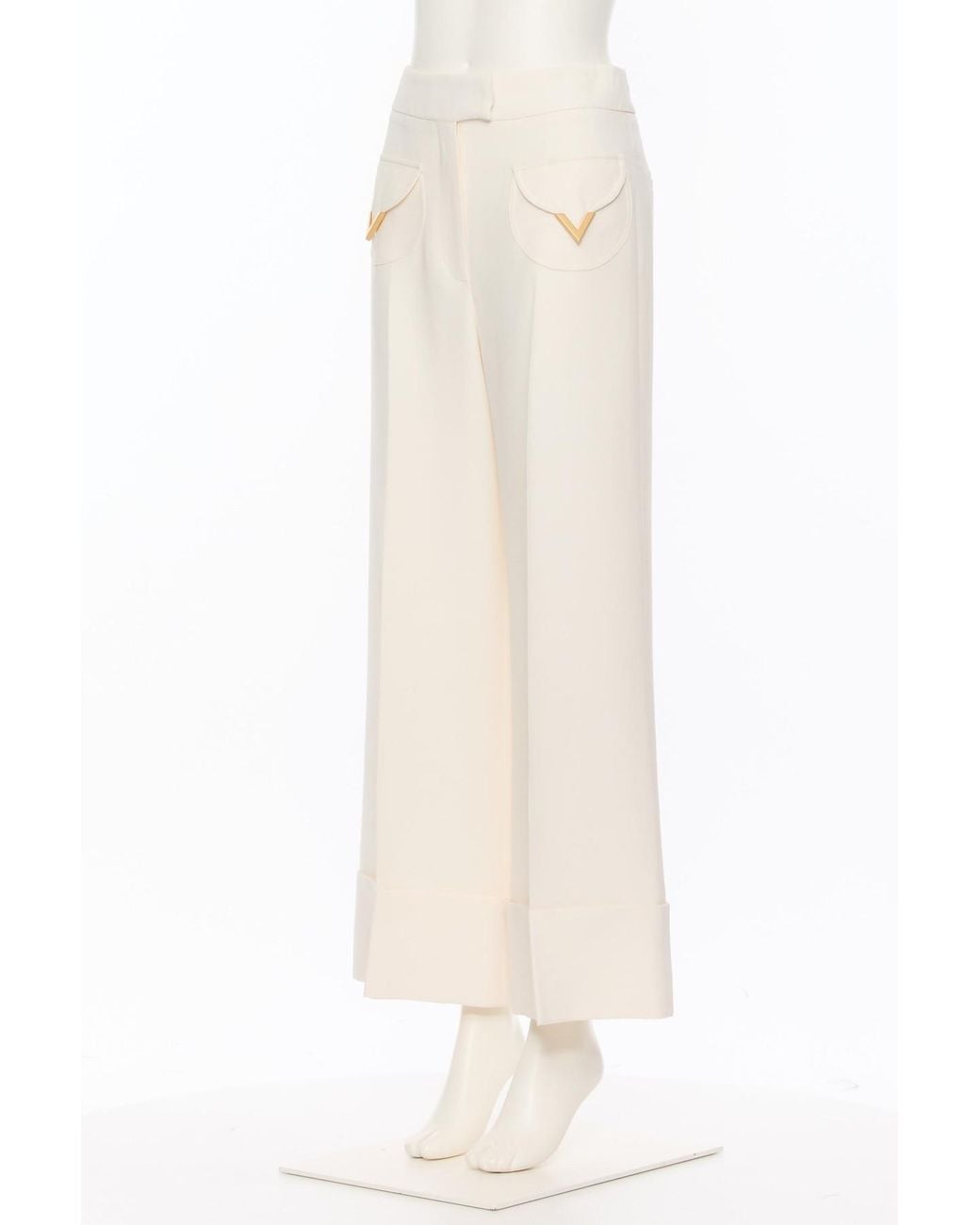 Valentino White Logo Plaque Wide Leg Pants