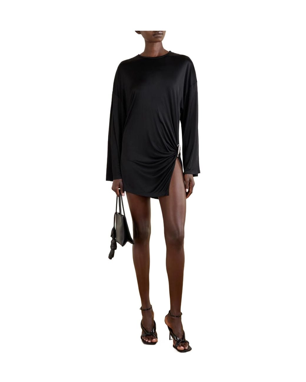 The Attico Black Gathered Satin Mini Dress