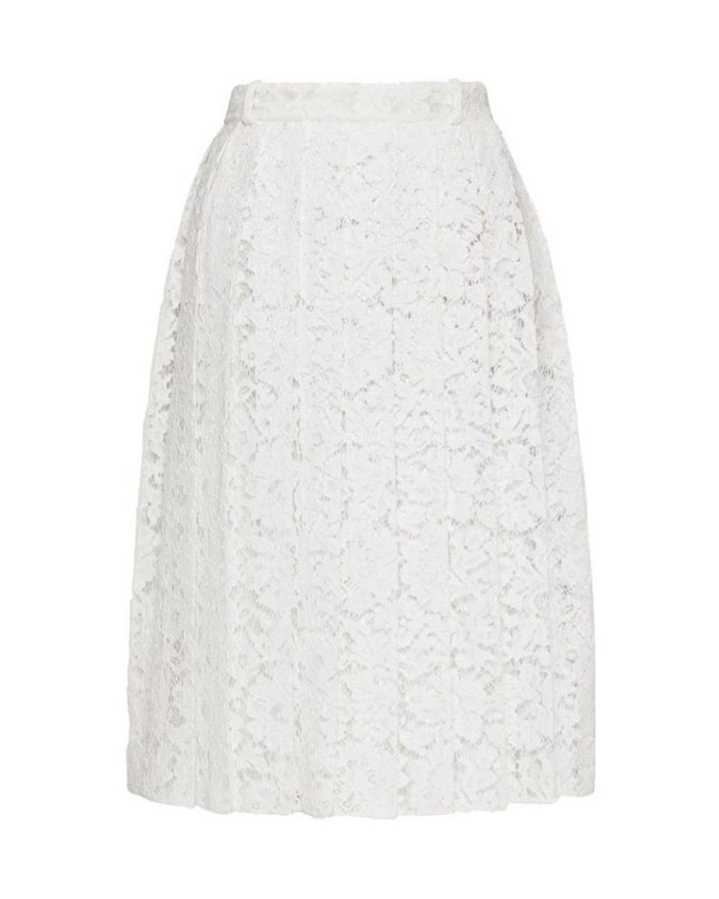 Valentino White Floral-Lace Pleated Skirt
