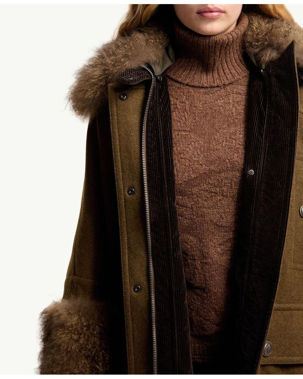 Moncler Brown Mantreau Shearling-Trimmed Loden Cape