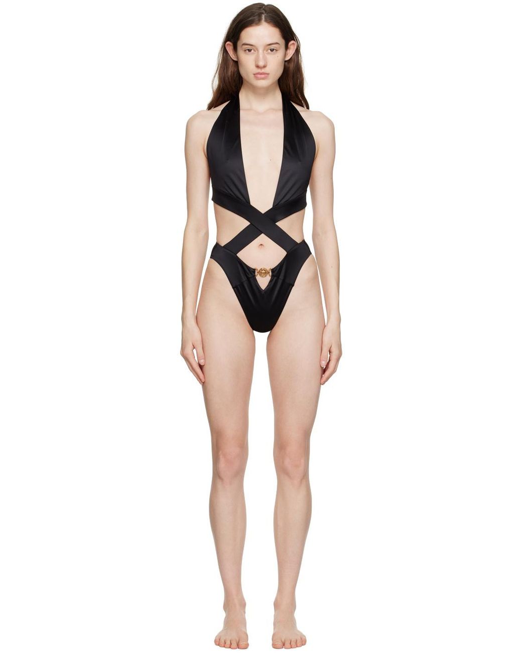 Versace Black Logo Detailed Cut-Out Swimsuit