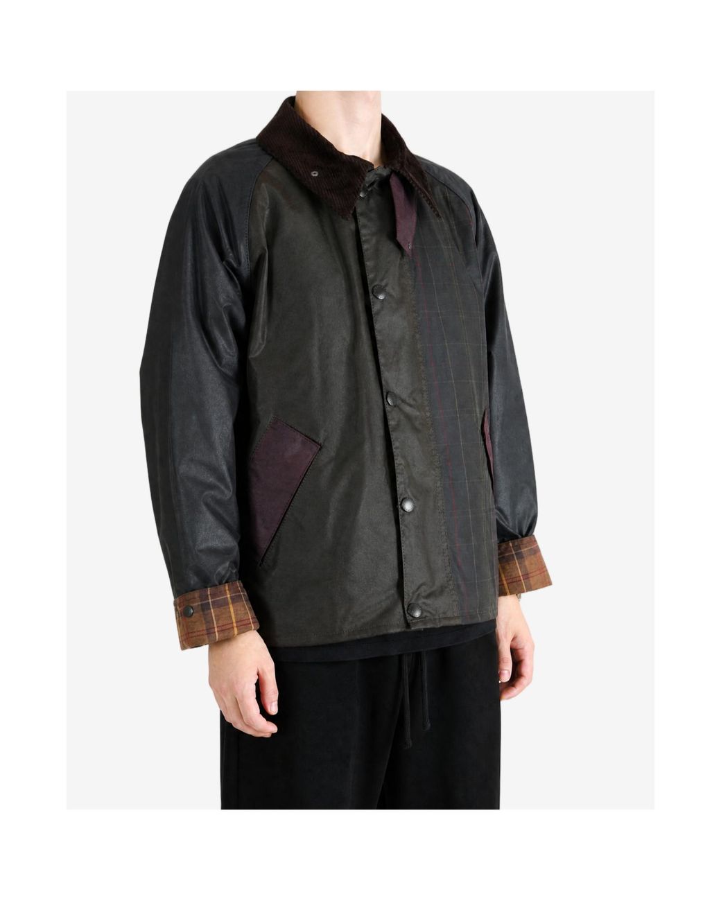 Barbour Black Tartan-Panelled Waxed-Cotton Jacket for men