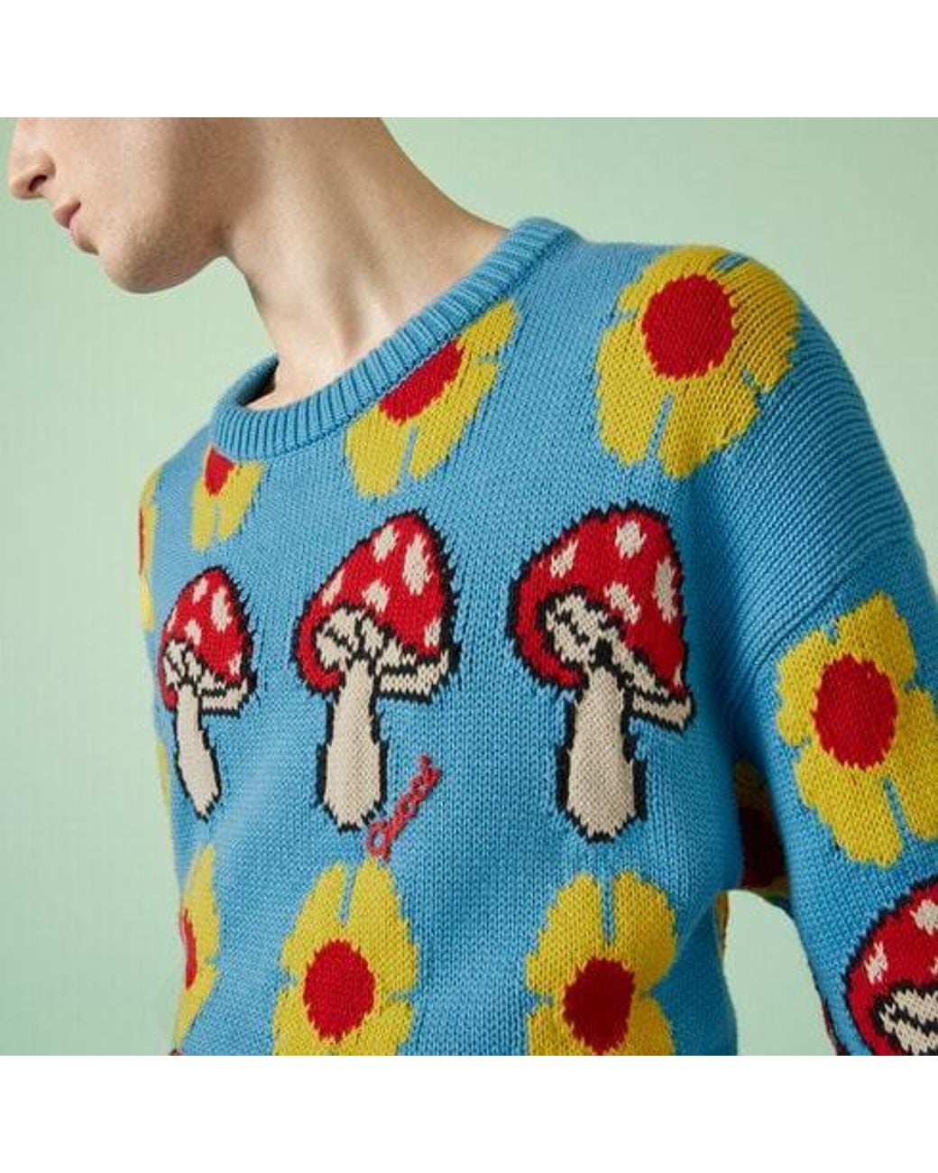 Gucci Blue Patterned-Jacquard Crew-Neck Jumper for men