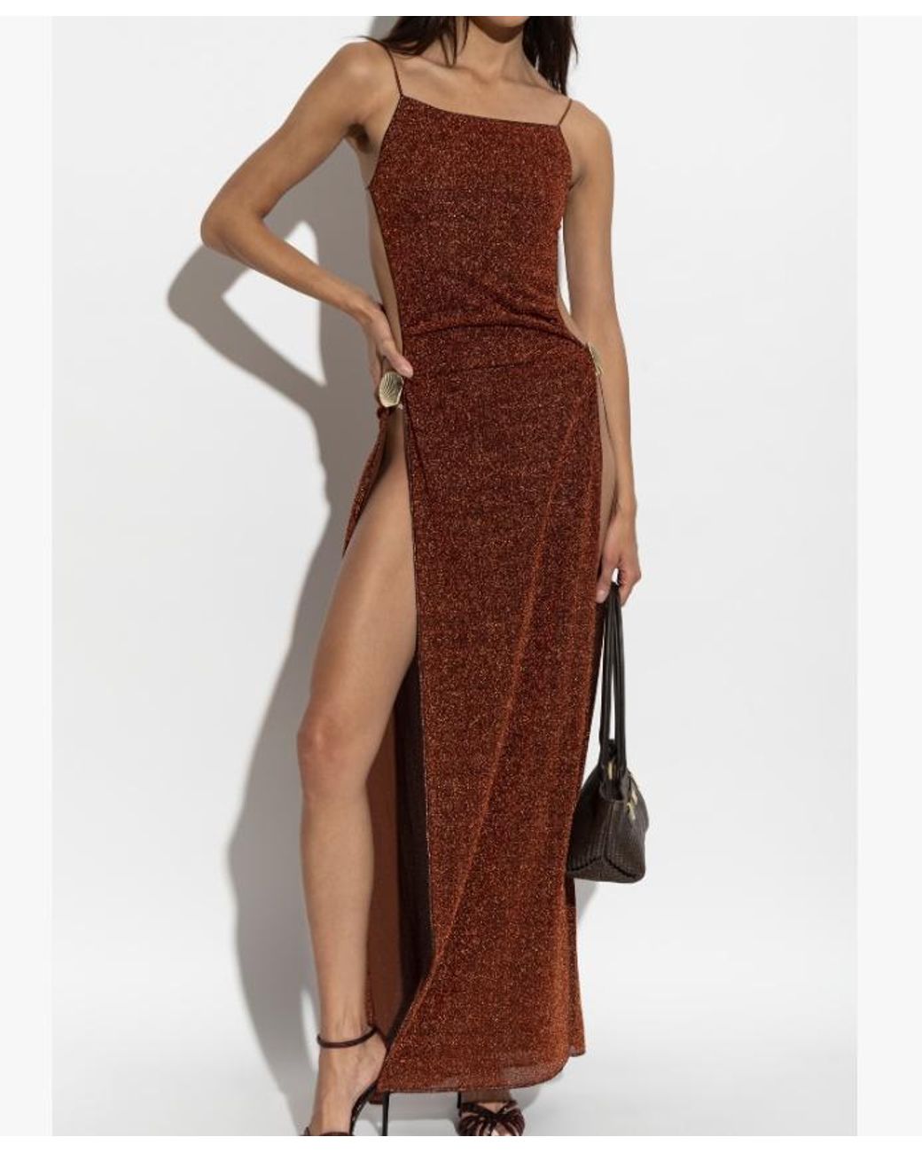 Oseree Brown Oséree Shell-Detail Lurex Maxi Dress