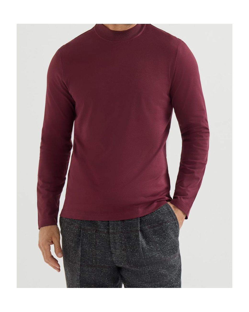 Brunello Cucinelli Red Cotton Jersey Long Sleeve Mock Neck T-Shirt for men