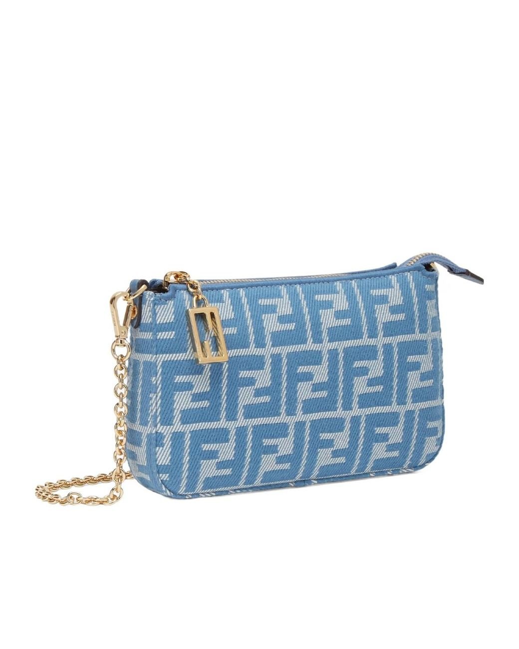 Fendi Denim-Effect Ff Jacquard Charm Pouch With Chain in