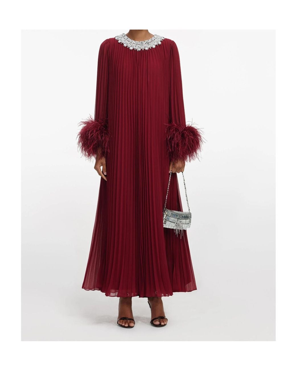Self-Portrait Red Feather-Trimmed Chiffon Midi Dress