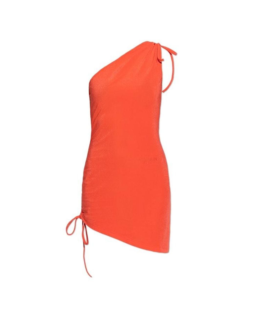 Balmain Red One-Shoulder Ruched Beach Dress