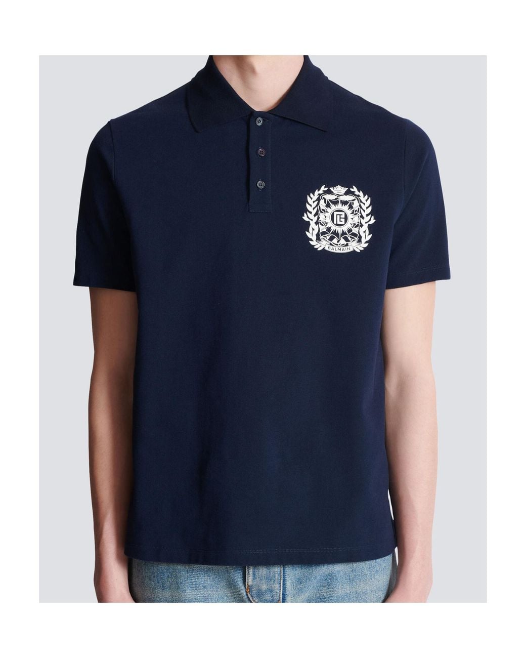Balmain Blue Cotton Crest Polo Shirt for men