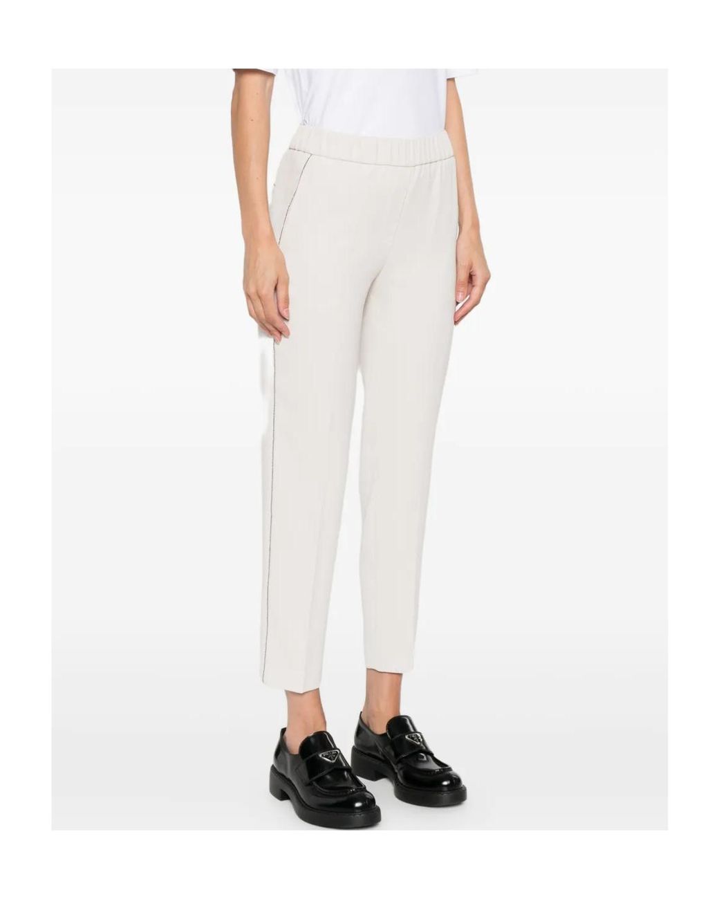 Peserico White Elastic-Waistband Side-Stripe Trousers