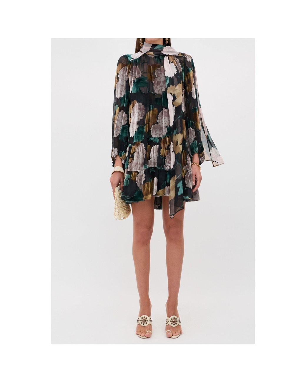 Rixo Black Bow Neck Printed Mini Dress