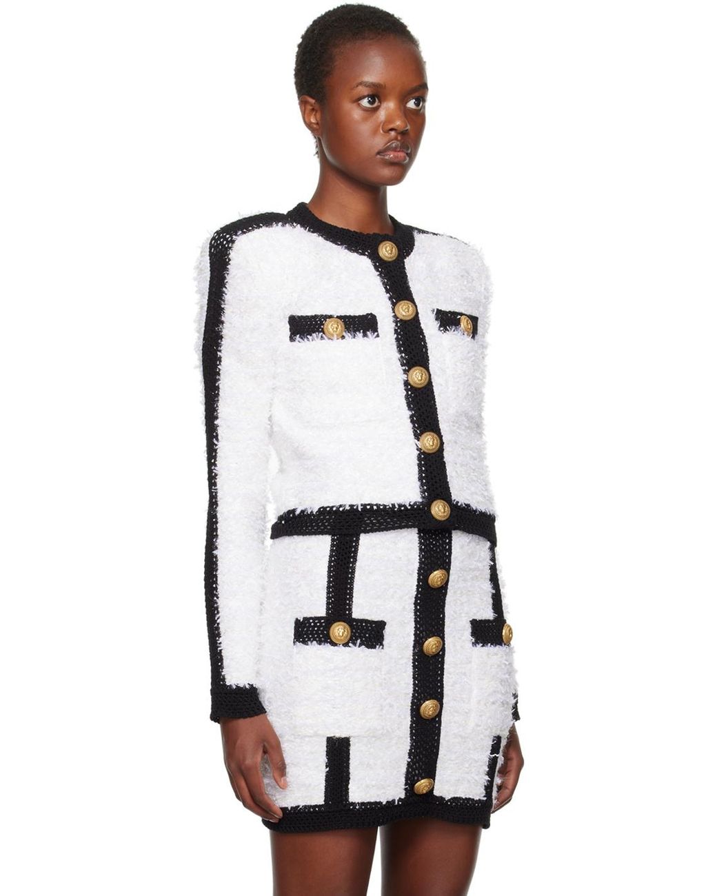 Balmain White Buttoned Cropped Tweed Jacket