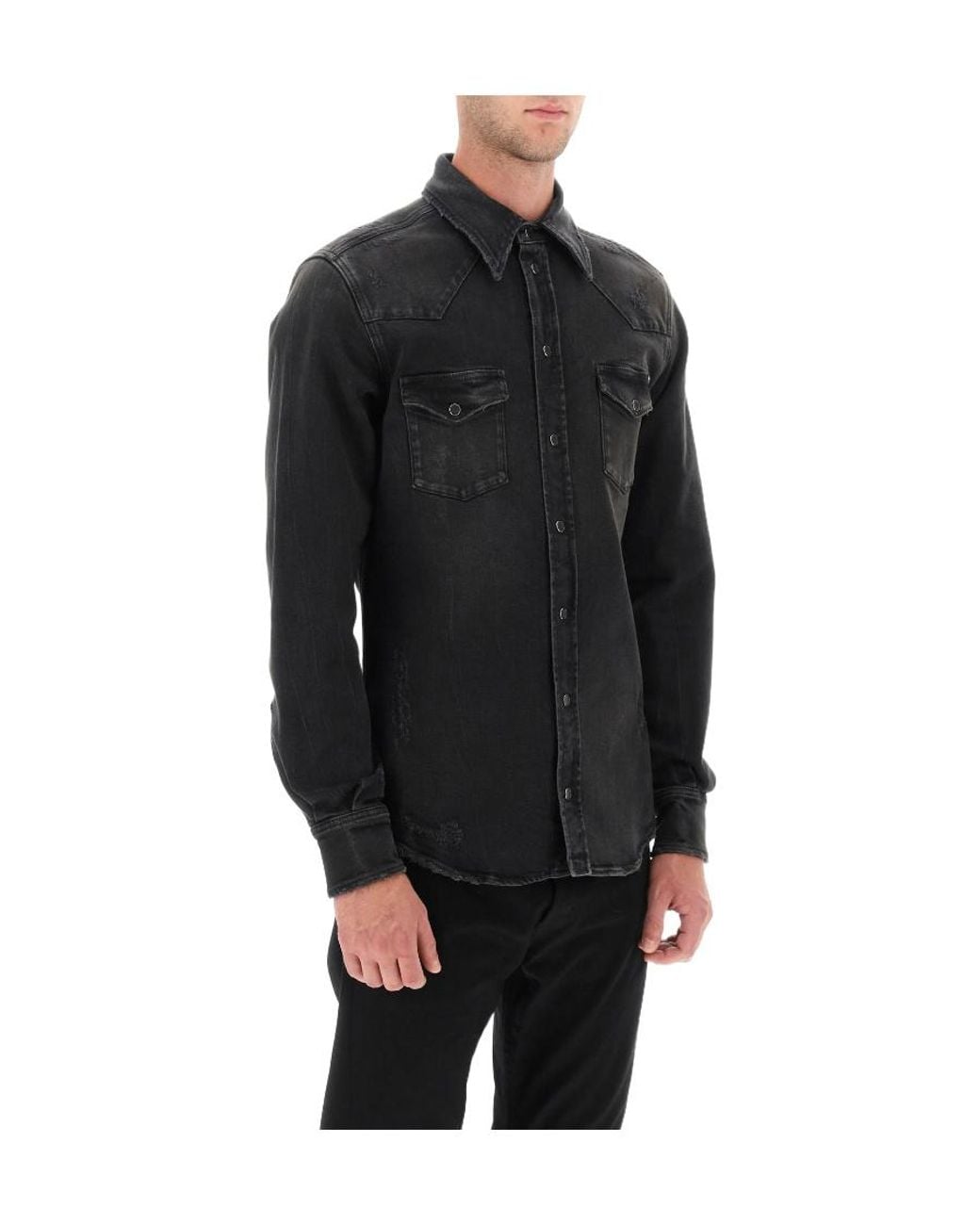 Dolce & Gabbana Black Distressed Denim Buttoned Shirt for men