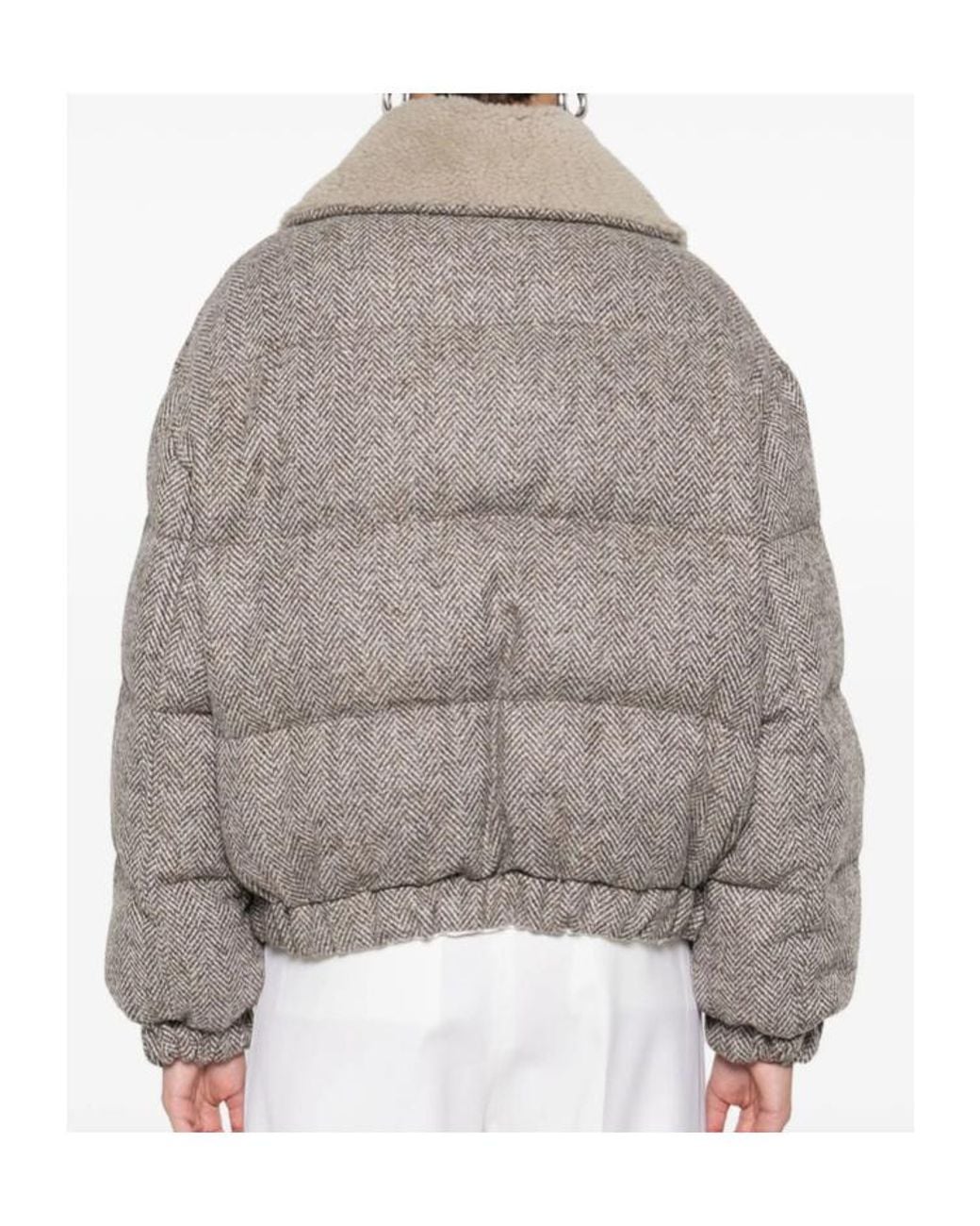 Brunello Cucinelli Gray Herringbone Zip-Up Quilted Jacket