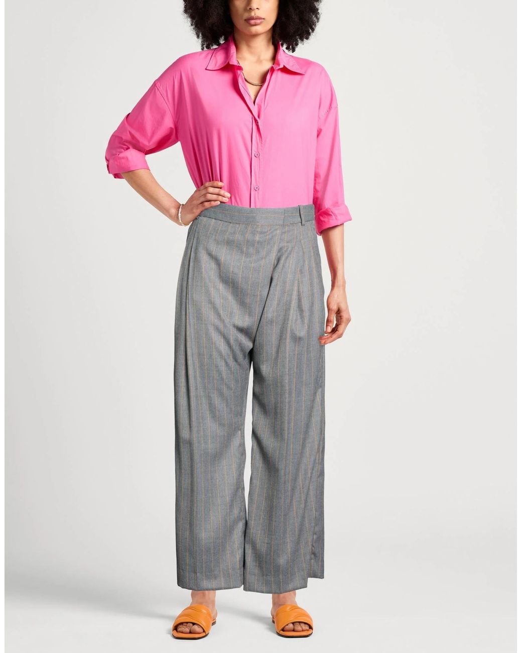 Ganni Gray Wide Striped Straight-Leg Trousers