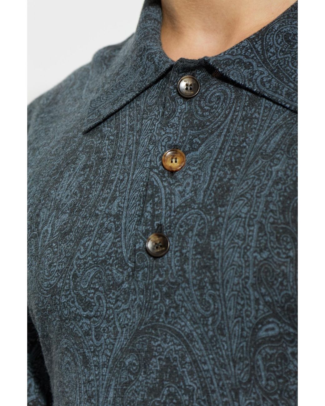 Etro Blue Paisley Long Sleeve Polo Shirt for men