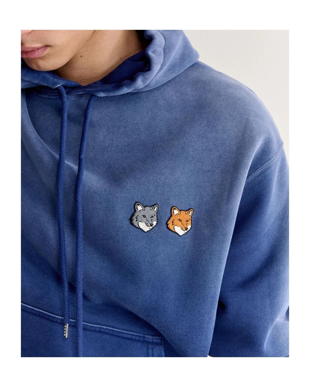 Maison Kitsuné Blue Faded-Effect Double Fox Head Comfortable Hoodie for men