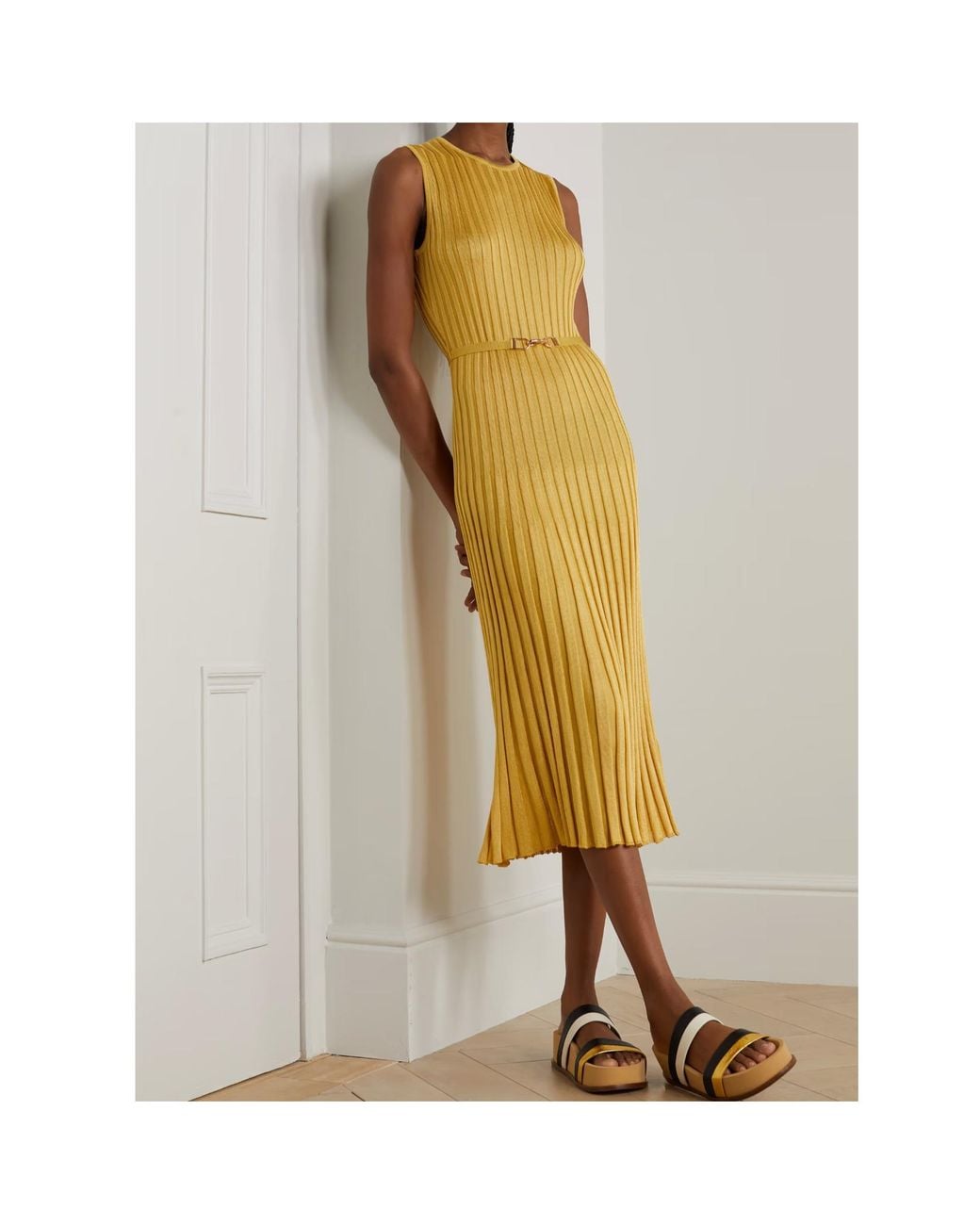 Gabriela Hearst Yellow Meier Belted Ribbed Silk Midi Dress