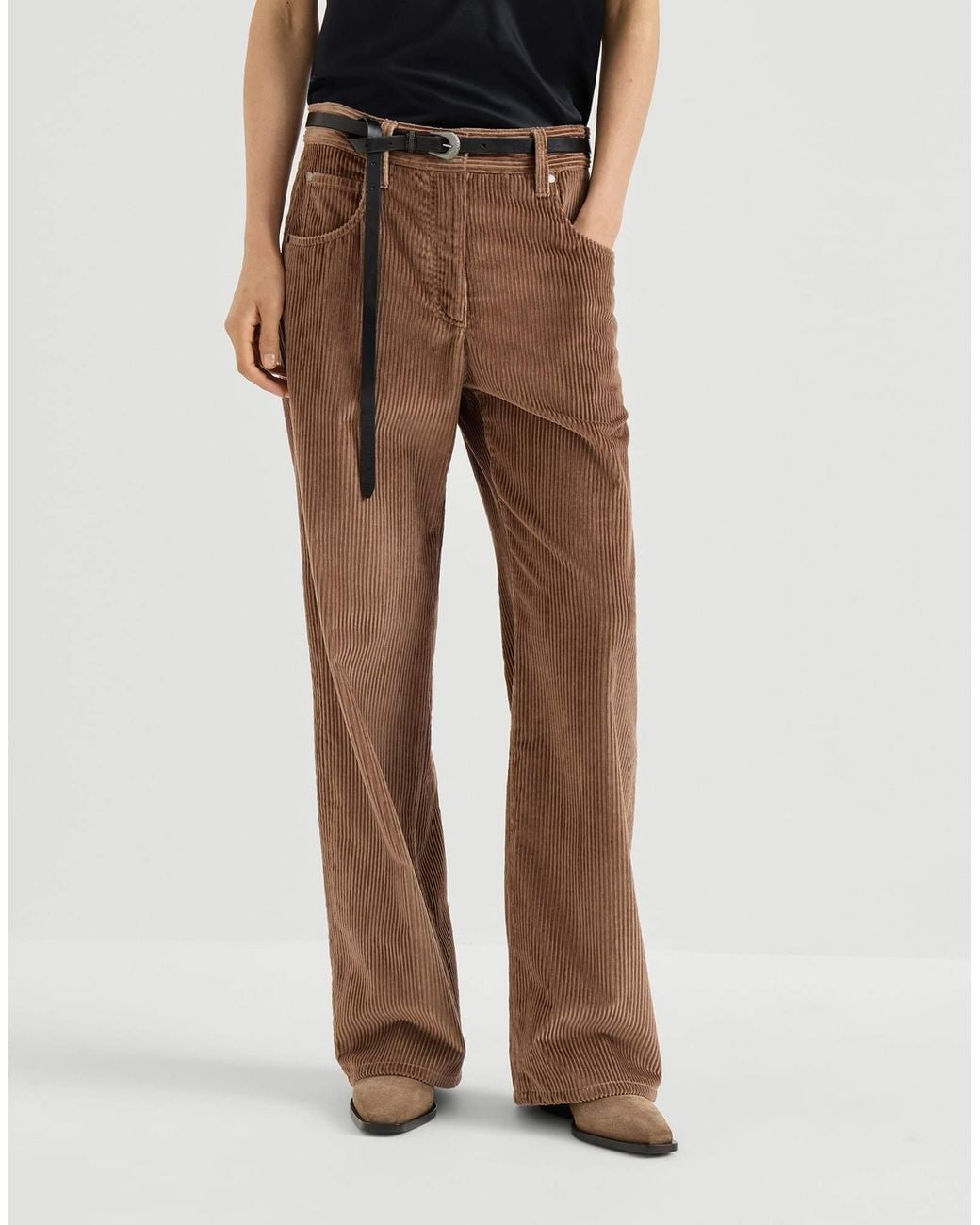 Brunello Cucinelli Brown Cotton Corduroy Straight Five-Pocket Trousers With Monili