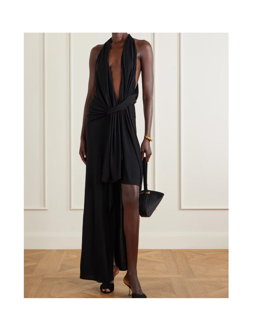 Christopher Esber Black Plunge V-Neck Asymmetric Midi Dress