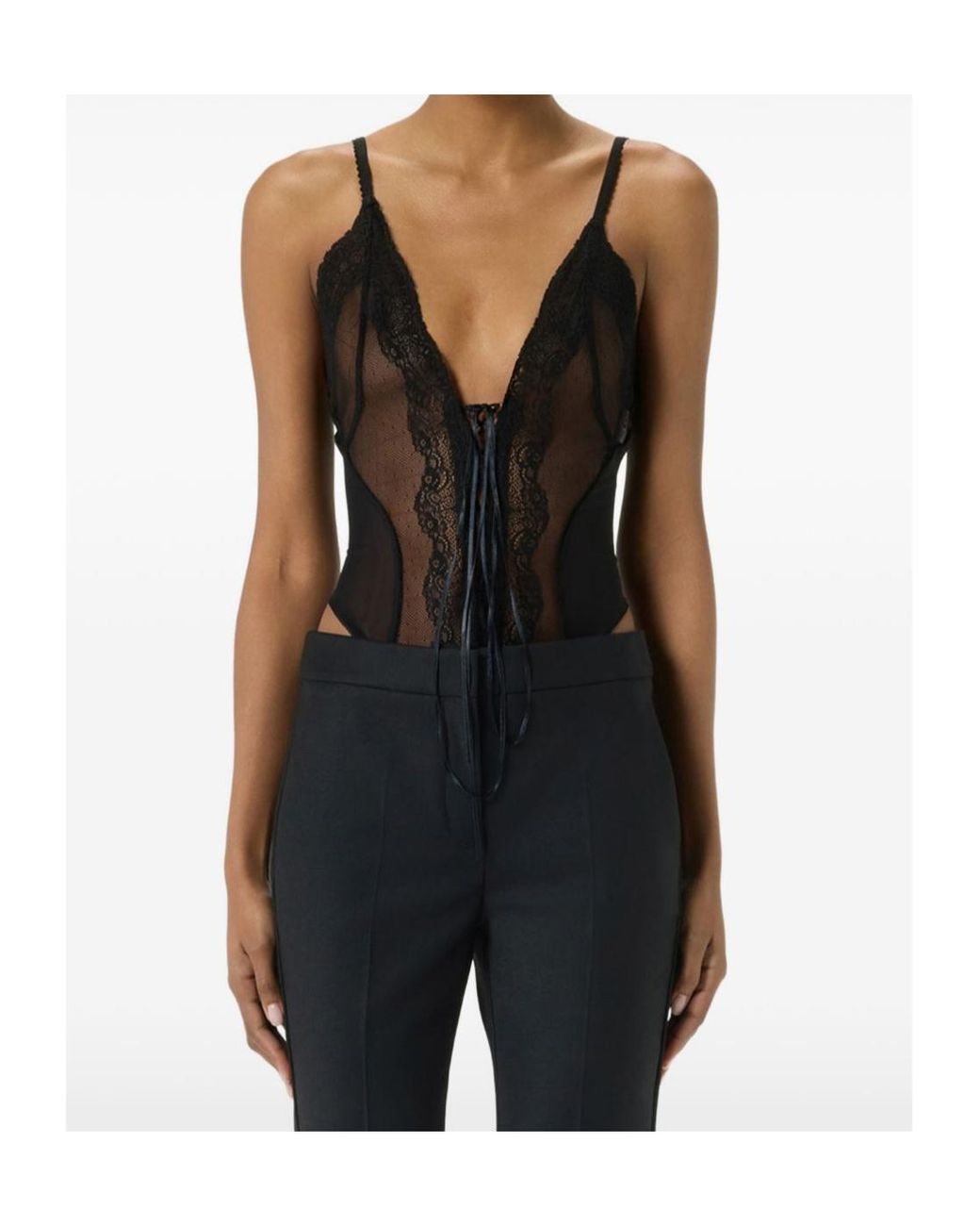 Blumarine Black Marquisette And Lace Thong Bodysuit