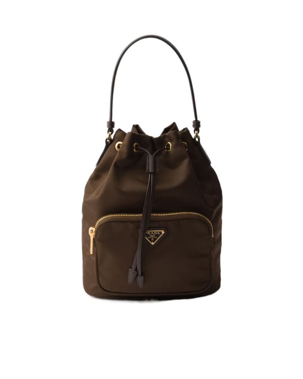 Prada Brown Re-Nylon Triangle-Logo Drawstring Bucket Bag