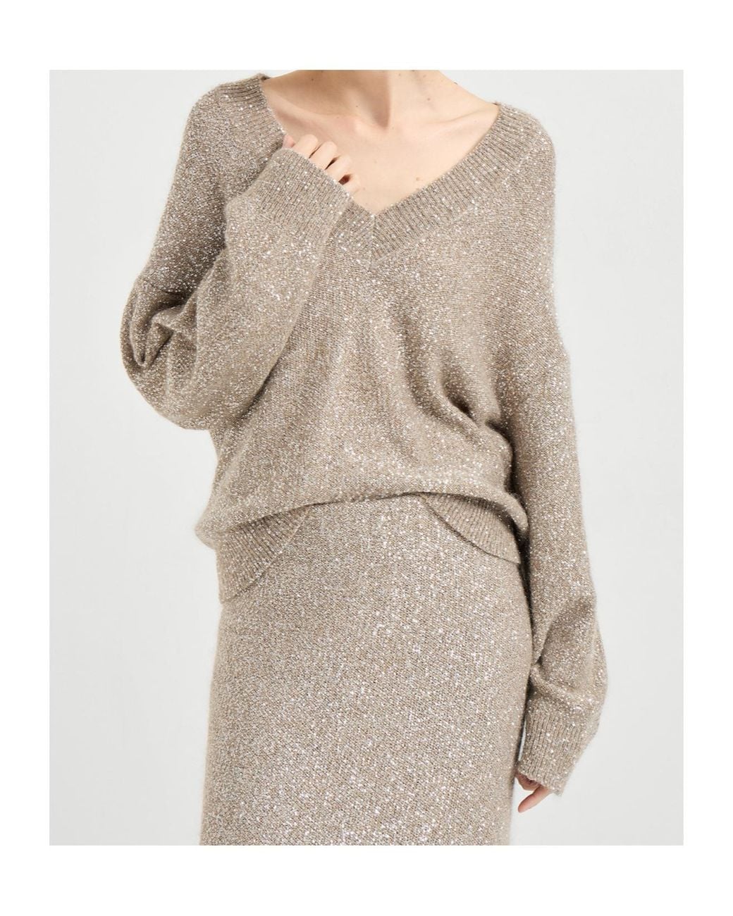 Brunello Cucinelli Natural Sequined V-Neck Knitted Sweater