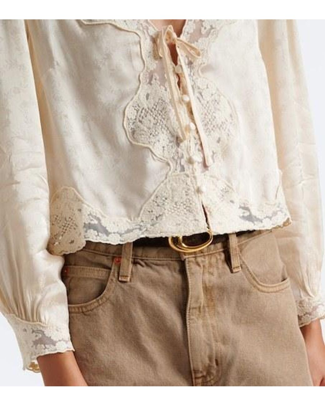 Rixo Natural Embroidered Floral Satin Blouse