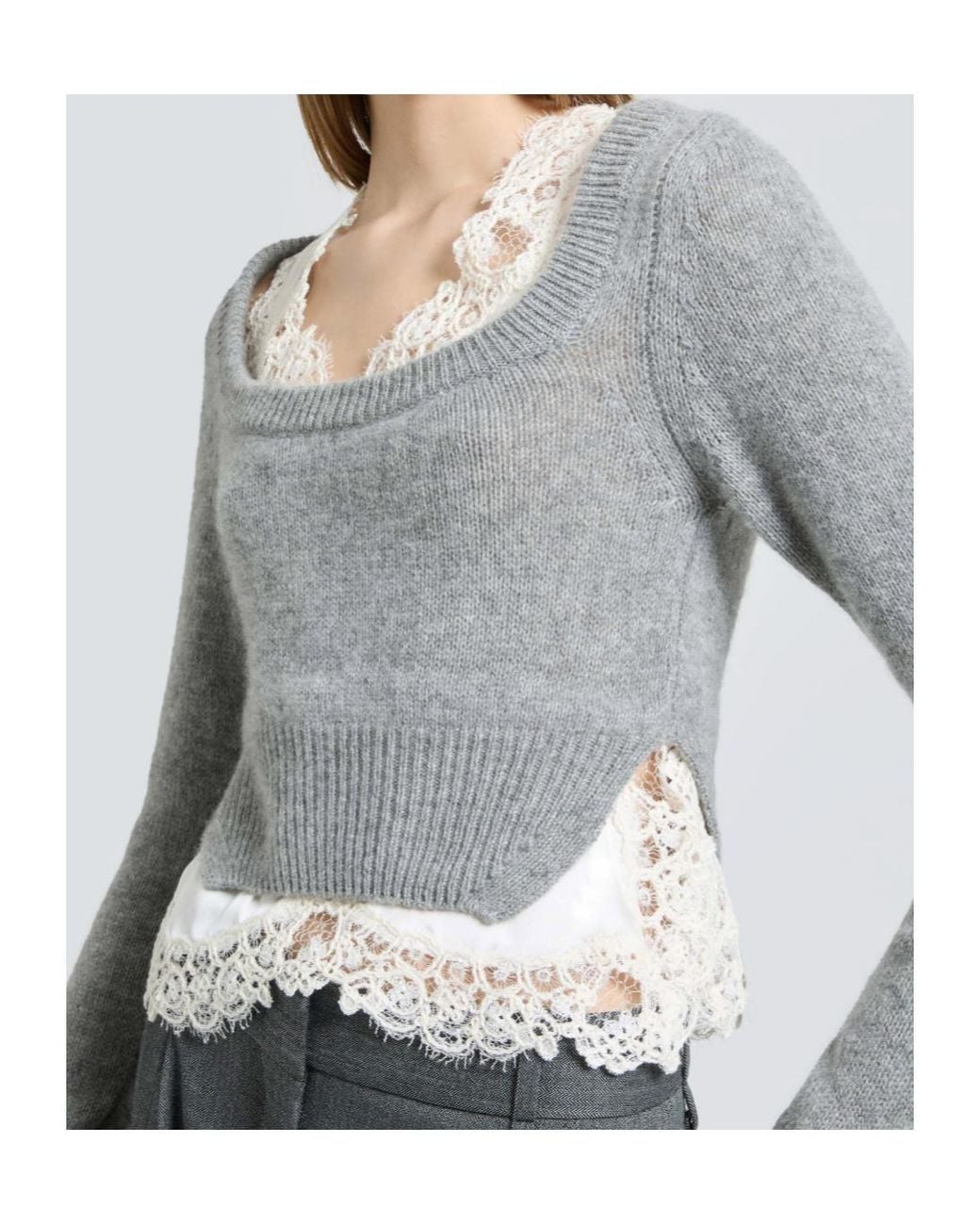 Ermanno Scervino Gray Lace-Trim Layered Knit