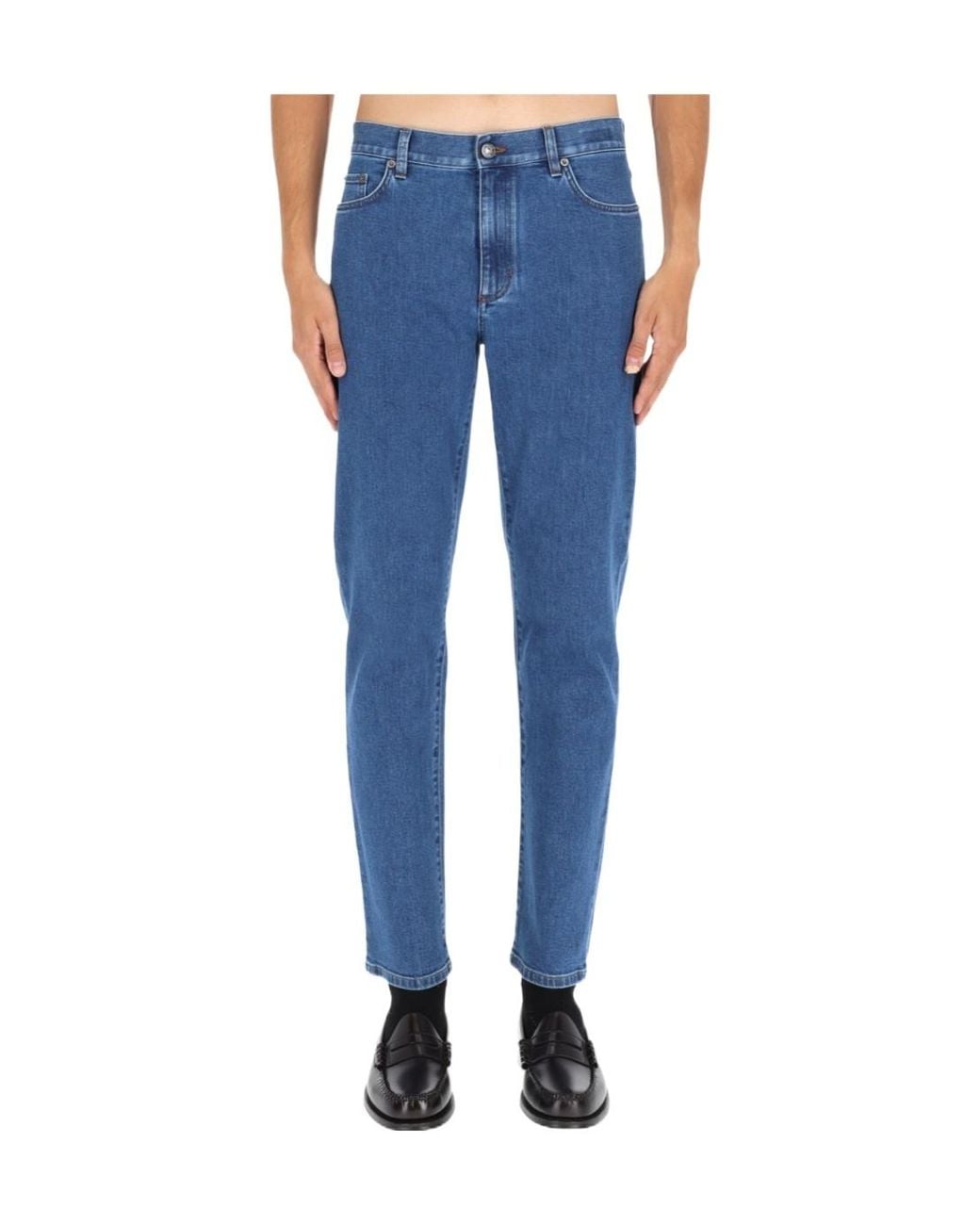 Zegna Blue Logo Patch Straight Leg Jeans for men