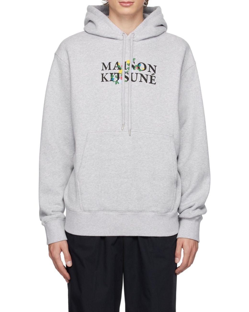 Maison Kitsuné Gray Maison Kitsuné Logo Printed Drawstring Hoodie for men