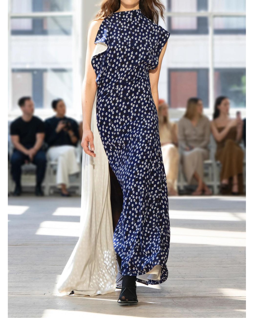 Proenza Schouler Blue Devyn Asymmetric Draped Floral-Print Poplin Maxi Dress