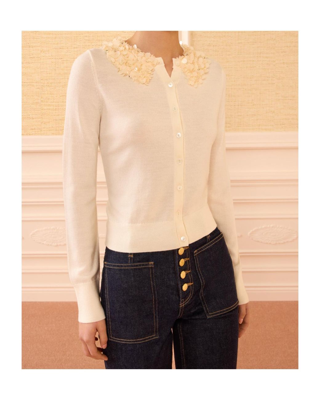 Ulla Johnson White Anna Embellished Collar Knitted Cardigan