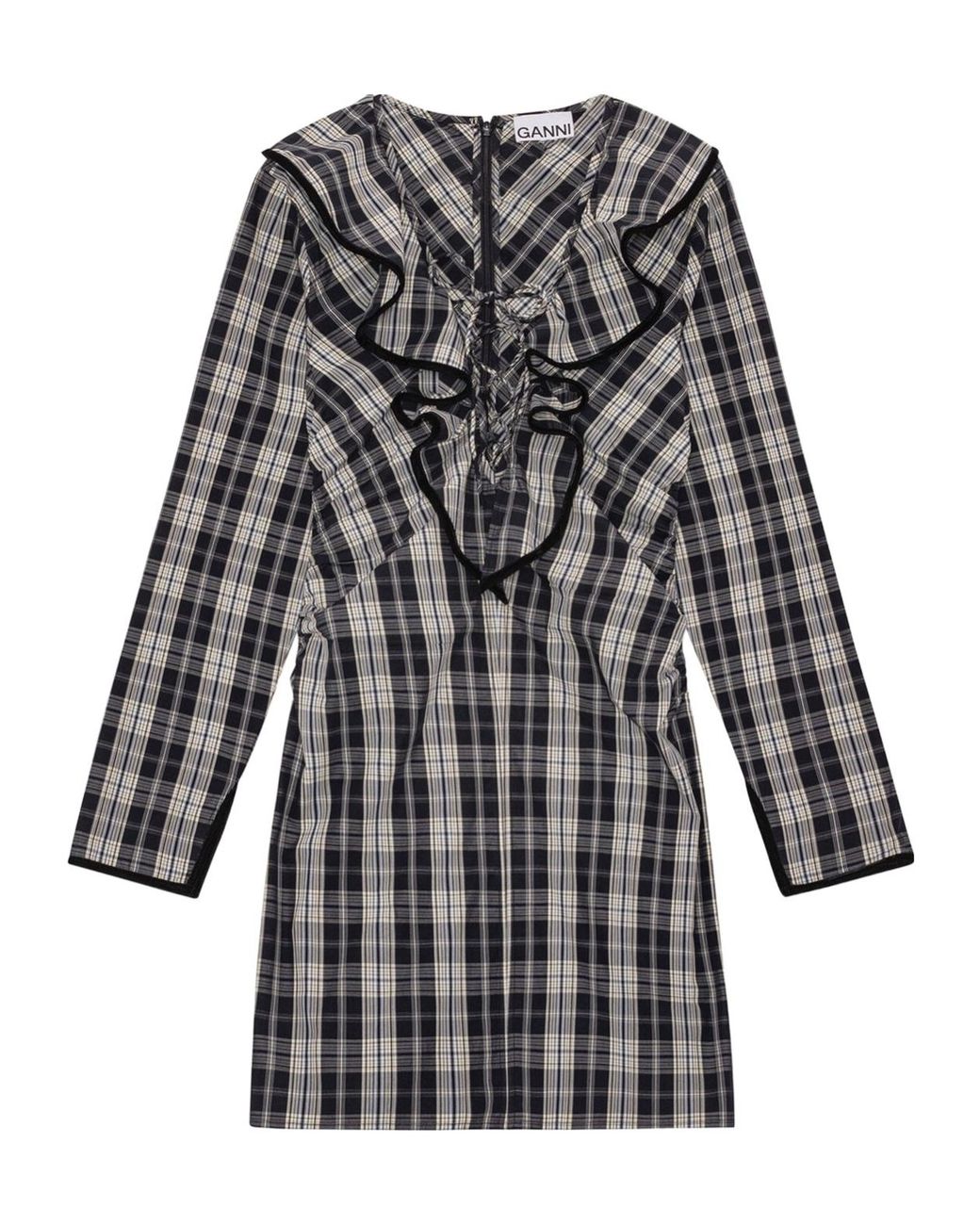 Ganni Black Checkered Cotton Ruffle V-Neck Mini Dress