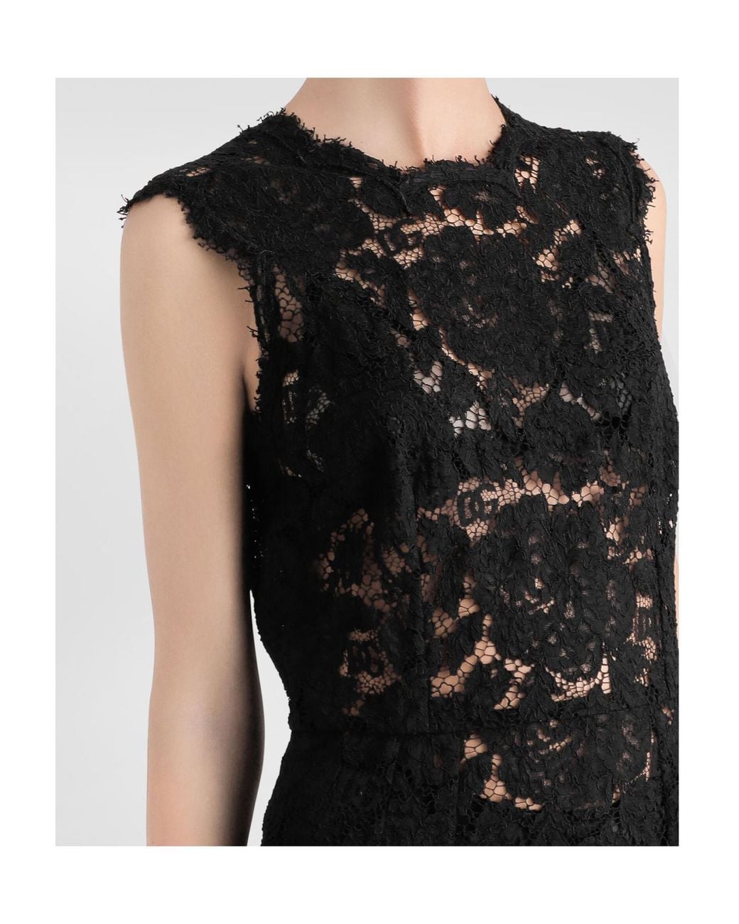 Dolce & Gabbana Black Floral-Lace Scallop Edge Sleeveless Midi Dress