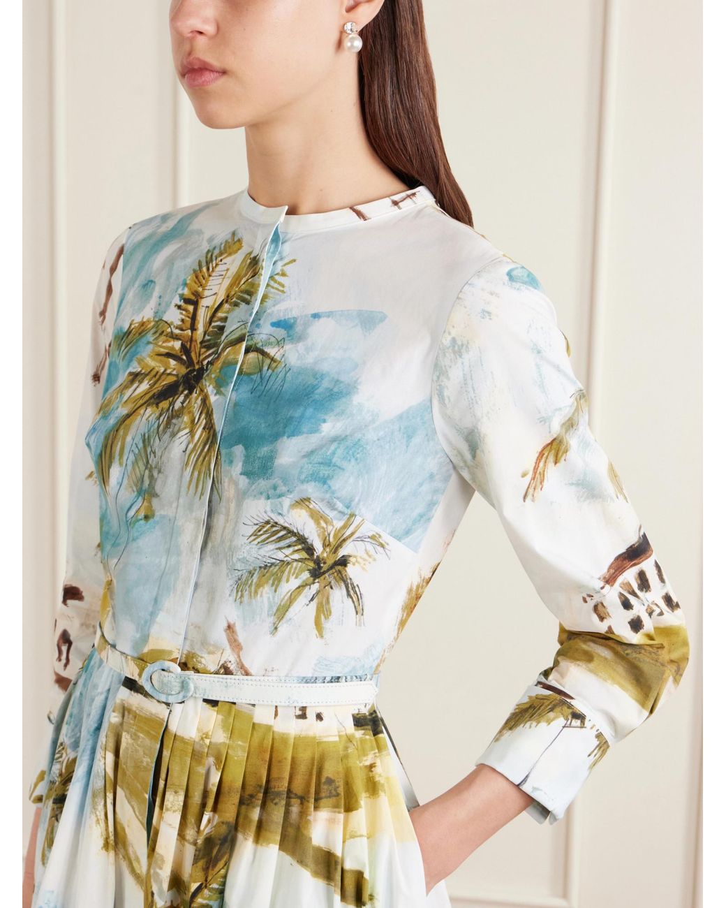 Oscar de la Renta White Belted Printed Cotton-Blend Midi Dress
