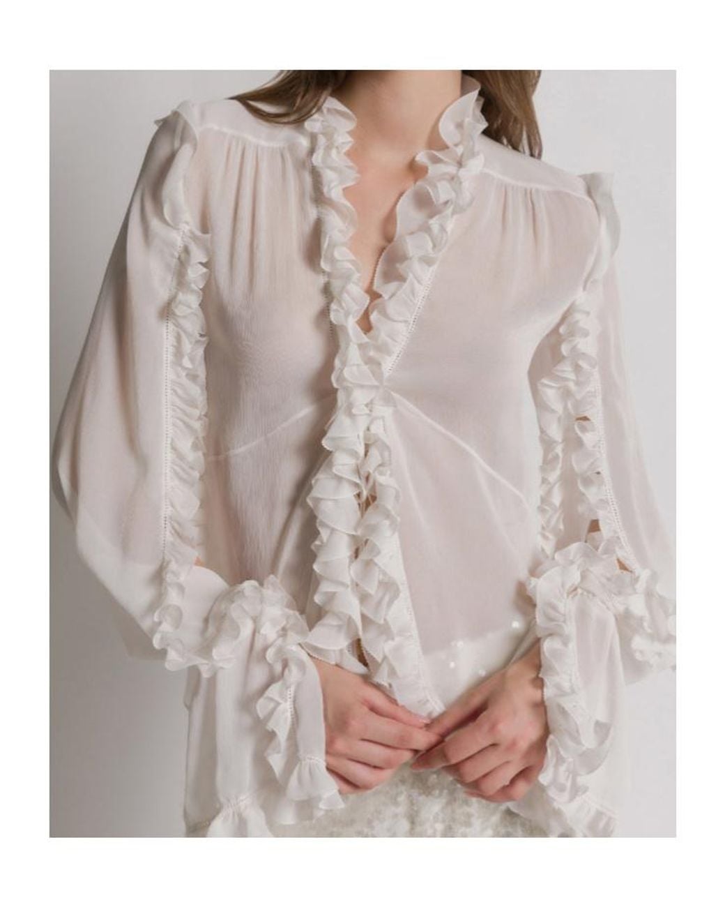 Alberta Ferretti White Creponne Ruffled Blouse
