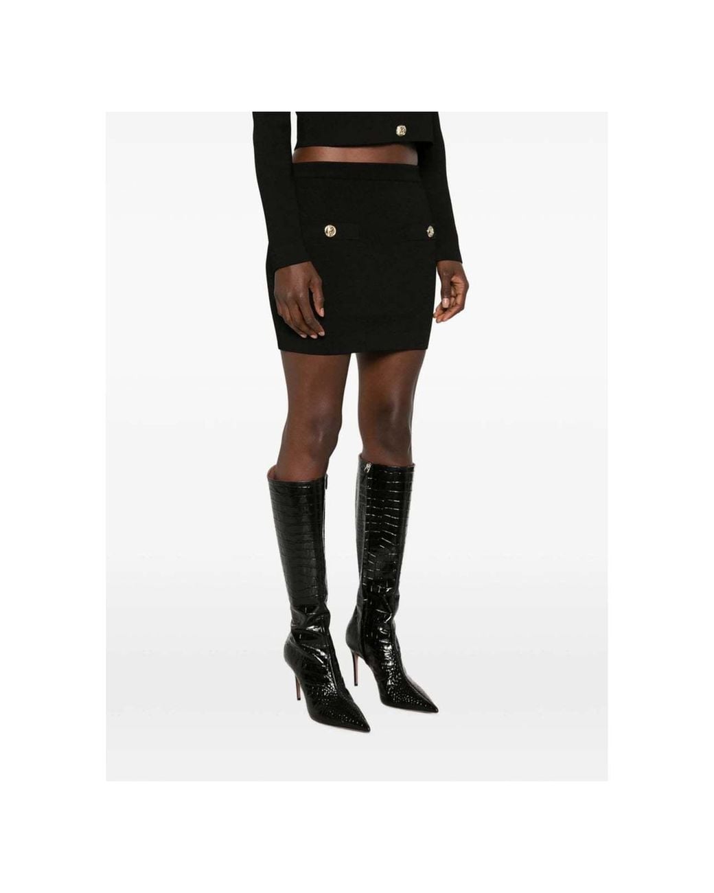 Balmain Black Button-Embellished Knitted Mini Skirt