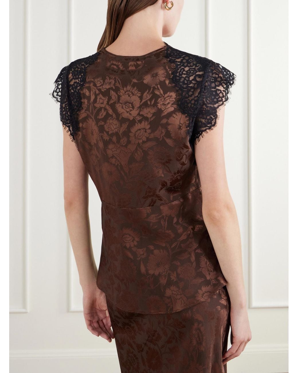 Veronica Beard Brown Lace-Trimmed Floral-Jacquard Silk-Blend Satin Blouse