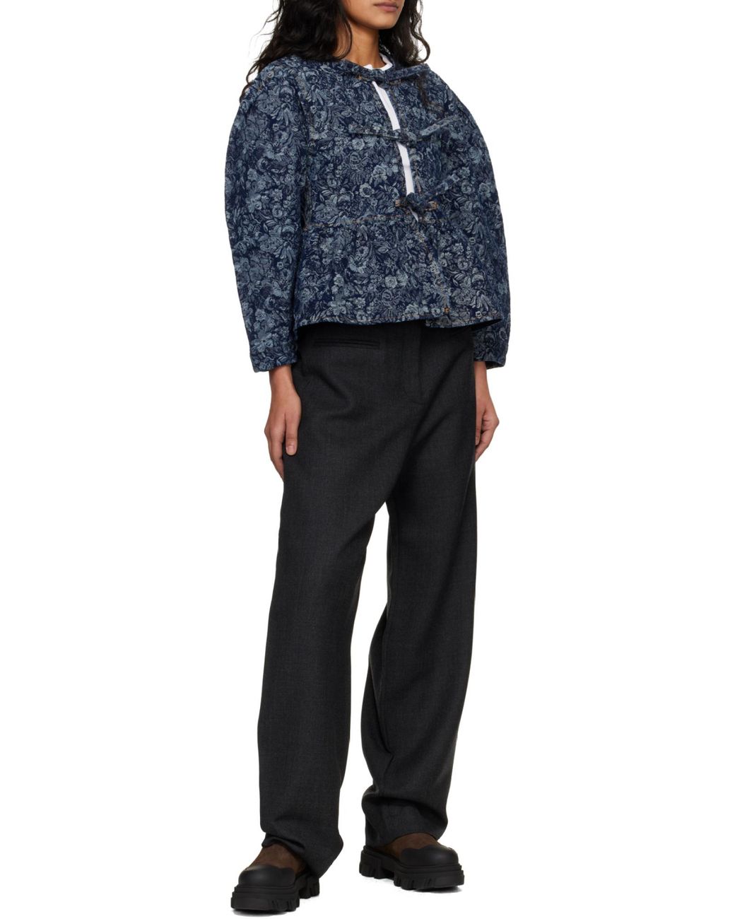 Ganni Blue Floral-Pattern Denim Blouse