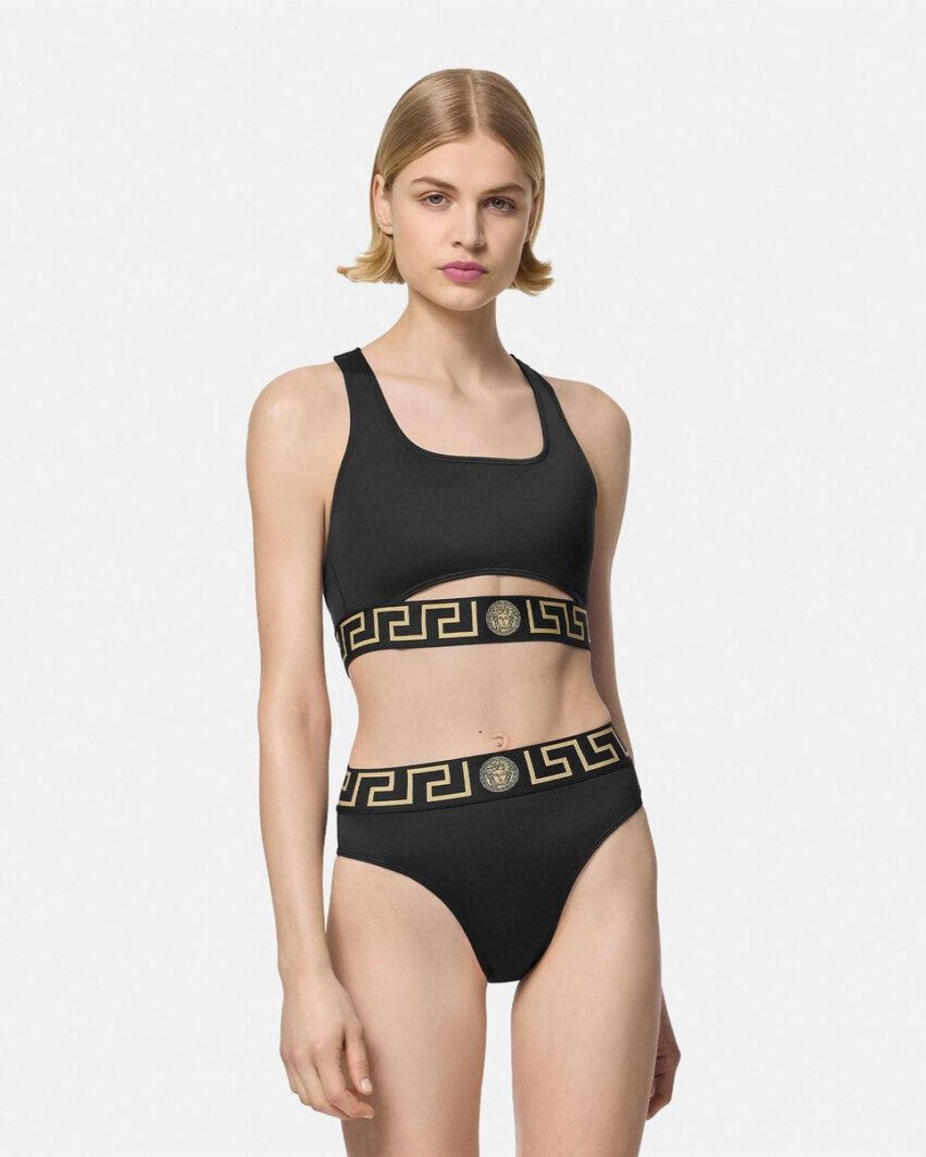 Versace Black Greca Border Cut-Out Detailed Bikini Top