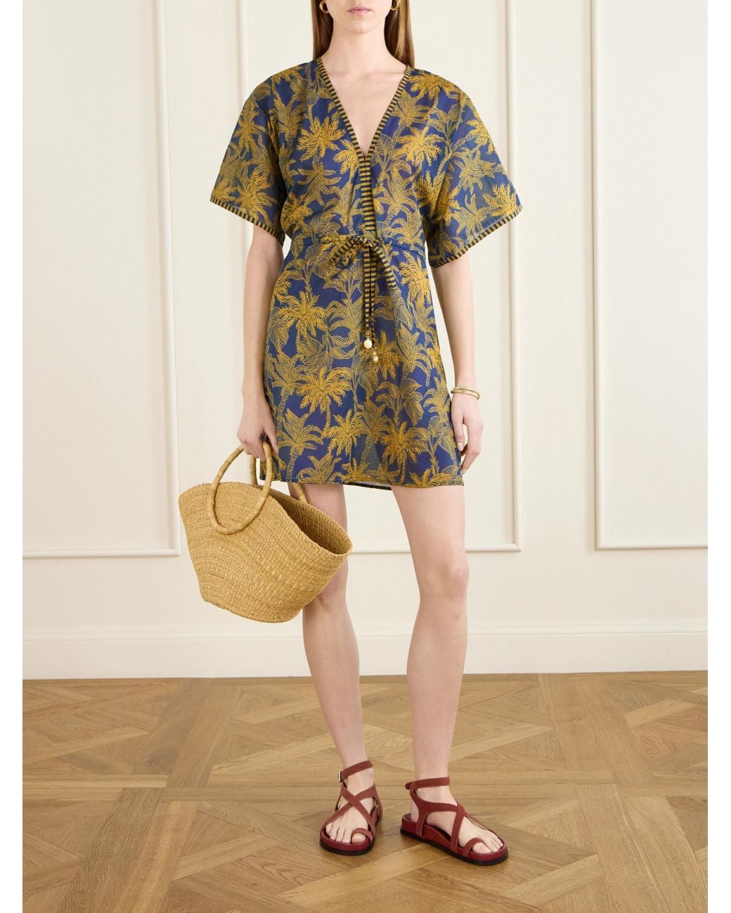 Eres Green Peninsule Embellished Printed Cotton-Voile Mini Dress