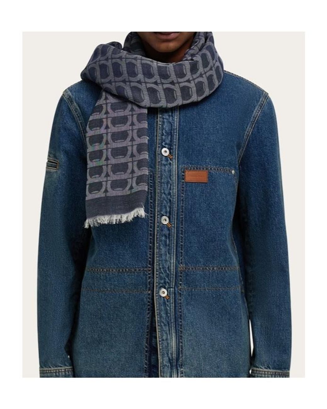 Ferragamo Blue Ferragamo Gancini Frayed-Edge Scarf for men