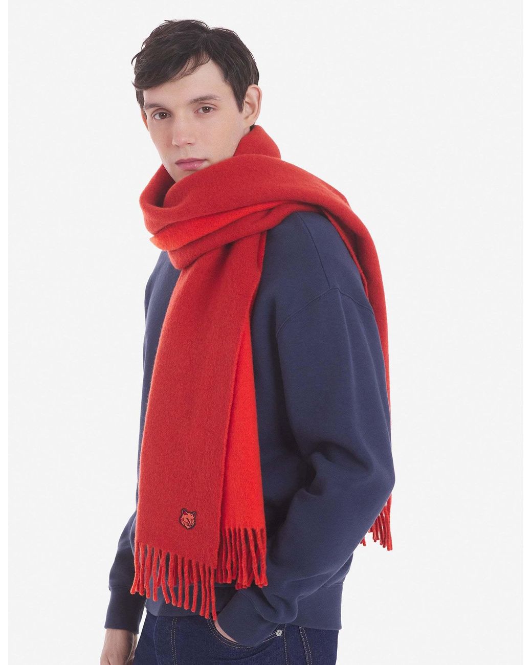 Maison Kitsuné Red Maison Kitsuné Logo Patch Fringed Knit Scarf for men