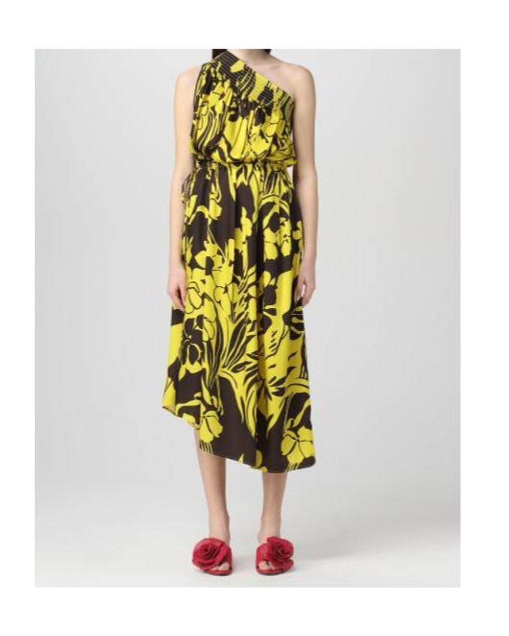 N°21 Yellow Floral-Print One-Shoulder Midi Dress