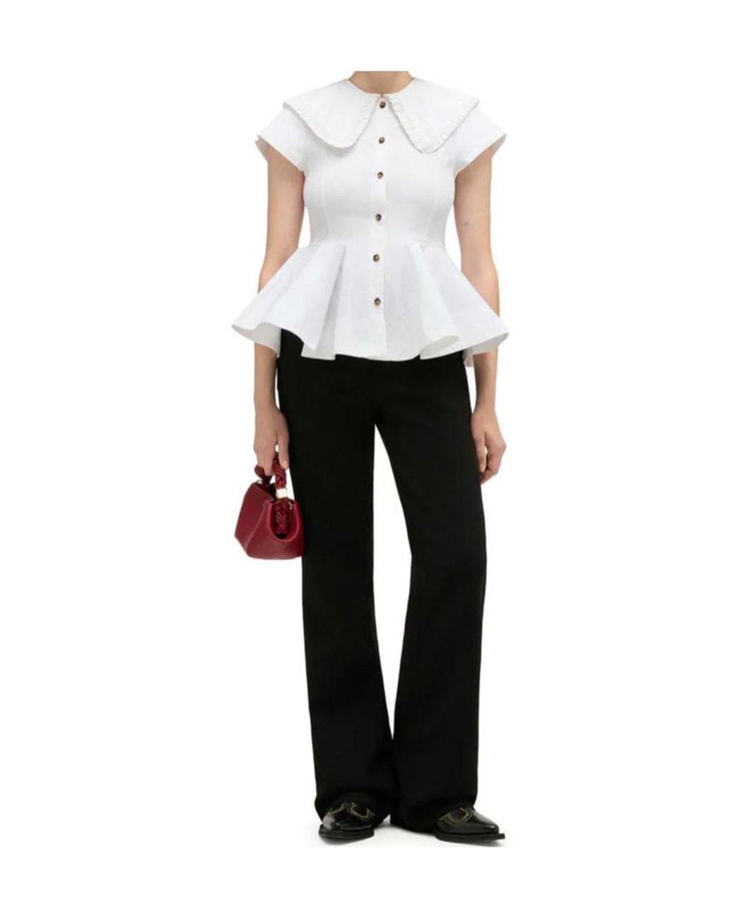 Ganni White Short Cotton Shirt With Ruffles