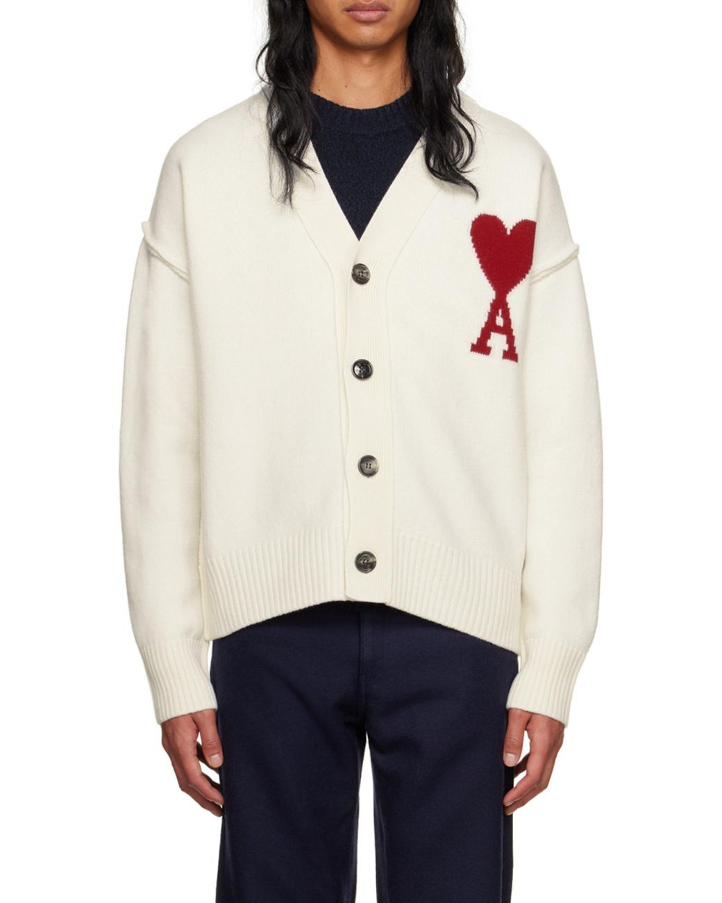 AMI White Ami De Coeur Logo Detailed V-Neck Cardigan for men