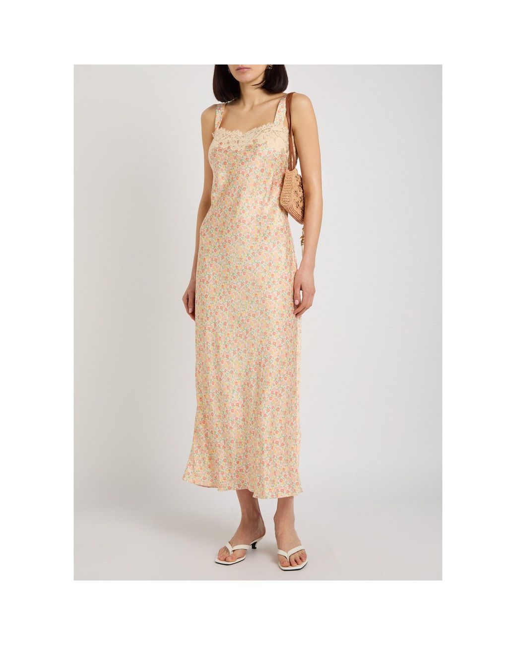 Rixo Natural Floral Print Satin Skirt